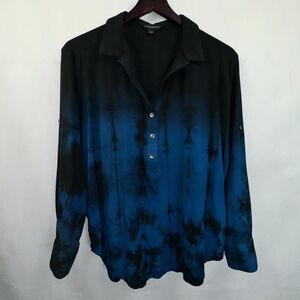 Rock & Republic Ladies Shirt Sz S Black Blue Tie-Dye 1/2 Button Roll-Tab Sleeve